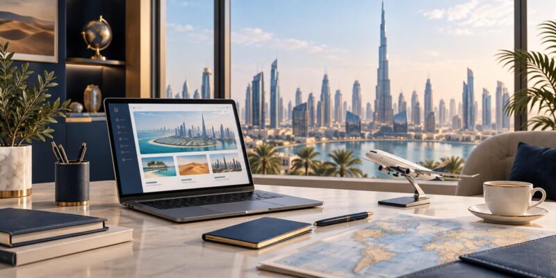 Dubai silüeti önünde dizüstü bilgisayar ve seyahat planlama masası