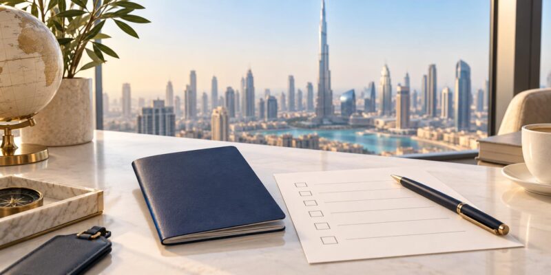 Dubai silüeti önünde pasaport, kalem ve evrak kontrol listesi